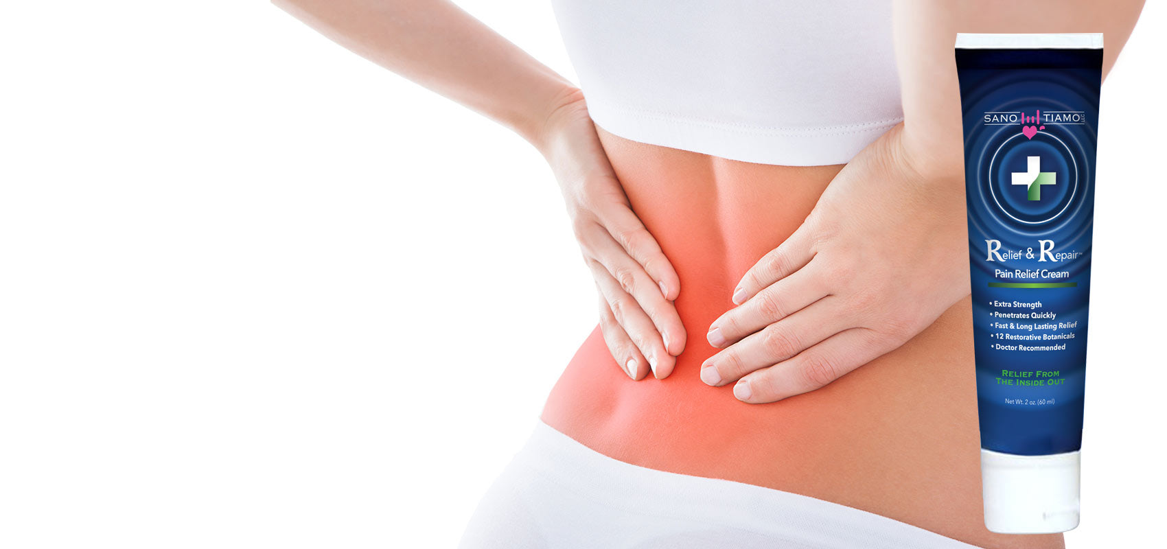 Woman with Back Ache rubbing her low back. Tube of cream sitting next to her.